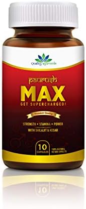 Quality Ayurveda PAURUSH MAX For Strength Stamina & Power Boost 100% Natural Premium Quality Tablets for Men's Vitality (10 Capsules)