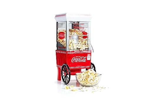 Nostalgia Popcorn Maker, 12 Cups, Coca-Cola Hot Air Popcorn Machine with Measuring Cap, Oil Free, Vintage Movie Theater Style, White and Red