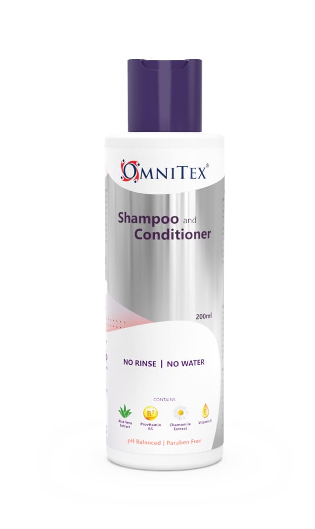 Omnitex Rinse Free Shampoo & Conditioner 200ml | With Herbal Extracts & Vitamins | No Water - No Rinse | Clean, Nourish & Protect | No Parabens, Latex, Alcohol Free | Dermatologically Tested