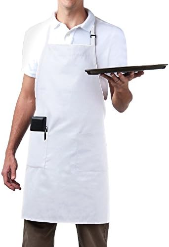 MHF Aprons Bib Aprons 1 Piece-New Spun Poly-Commercial Restaurant Kitchen- Adjustable-Full Length-3 Pockets (White)