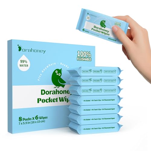 Flushable Travel Size Wet Wipes - Mini, Plastic Free & Unscented, Moist Toilet Paper for Travel with 99% Water, Hypoallergenic for Sensitive Skin, Pocket Size, 48 Pieces (8 Packs)