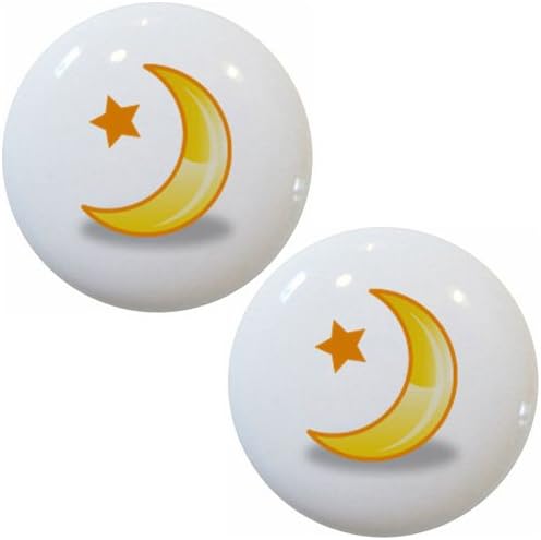 Set of 2 Celestial Yellow Moon Star Ceramic Cabinet Drawer Pull Knobs