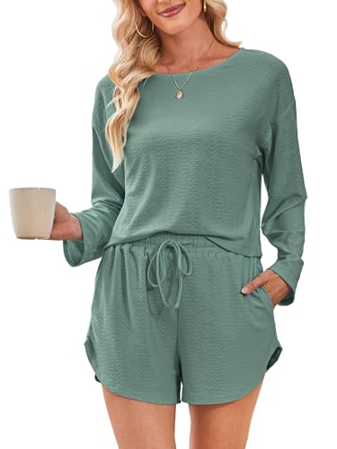 Kikibell Womens 2 Piece Pajamas Sets Long Sleeve Top and Shorts Matching Lounge Set Loungewear Sleepwear Pjs Sage Green 2XL at Amazon