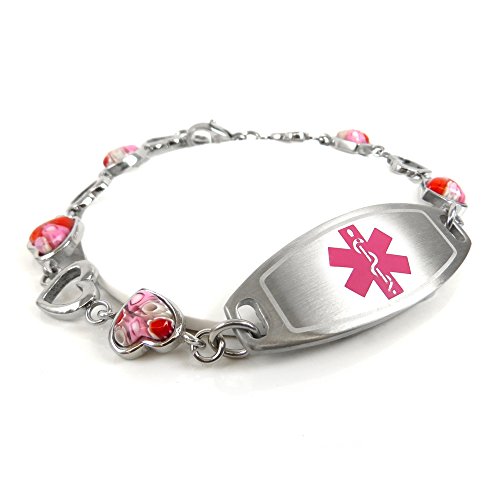 MyIDDr Womens Medical ID Bracelet with Free Engraving - 1.2cm Steel & Glass Hearts - Pink