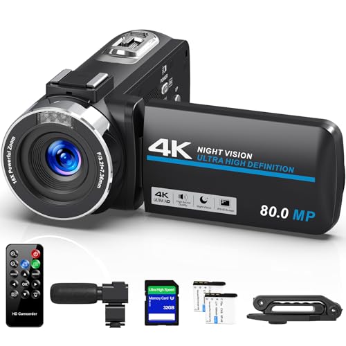 4K Video Camera Camcorder Ultra 80MP Vlogging Camera for YouTube IR Night Vision 18X Digital Zoom Camcorder 3.0'' IPS Screen Video Camera with SD Card, 2 Batteries, Remote Control, and Stabilizer