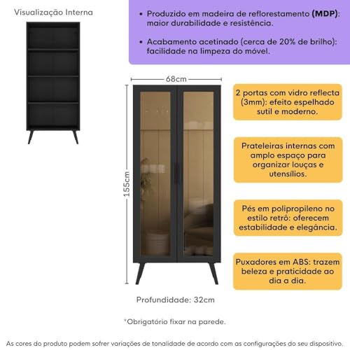 Multimóveis Cristaleira com 2 Portas de Vidro Retrô 68cm Urban MP6040 Preto