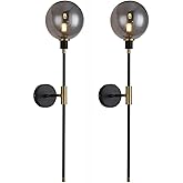 KCO Lighting Modern Glass Globe Wall Sconce Light Set of Two Brass and Black Large Light Contemporary Smoke Glass Hallway Lon