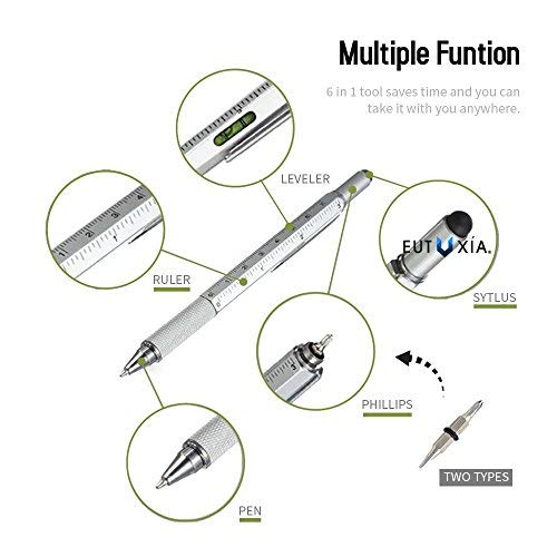 Eutuxia 6-in-1 Multitool Twist Retractable Ballpoint Pen, Ruler (In. & Cm.), Spirit Level, Touch Screen Stylus, Phillips & Flat Head Screwdriver. Mini Multifunction Tech Tool Kit. [Black 2 PK] - Thumbnail 3