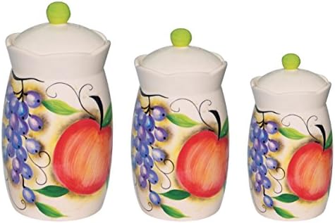 Set of 3 Round Apothecary Fruit Ceramic Canister Quality Airtight Jar with Lids. Use As Cookie jar, Tea, Coffee,sugar Containe Wide Mouth Looks Great on Your Kitchen Counters