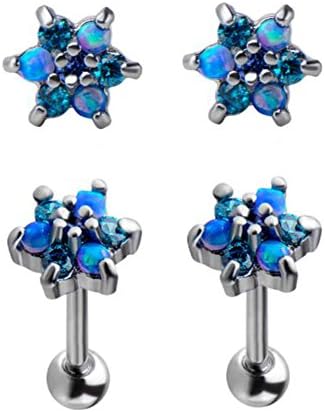 Peki EarringsPair of 16g 1/4''Internally Threaded Cartilage Barbell with Prong Set Gem and Opal Flower