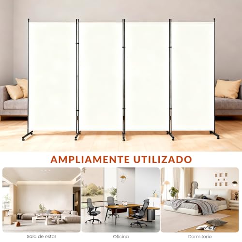 JERZOU Biombos Separadores de Espacios con Ruedas, 4 Paneles 372 x 185CM, Divisor de Habitacion Plegable, Separador de Ambientes, Color Blanquecino