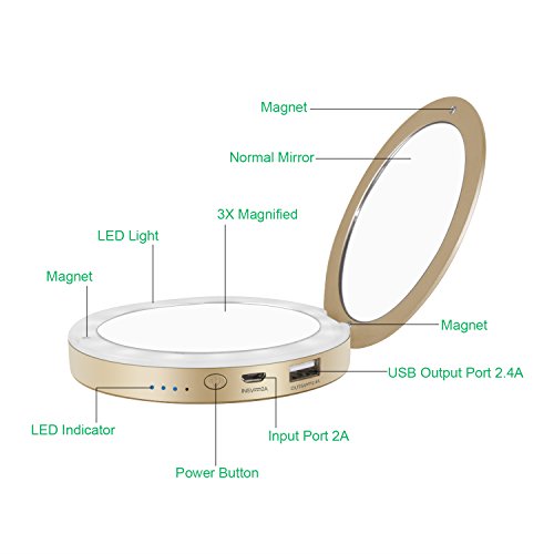 image for shinngo 3000mAh Portable Charger Mirror Compact Vanity Mirror with Lig