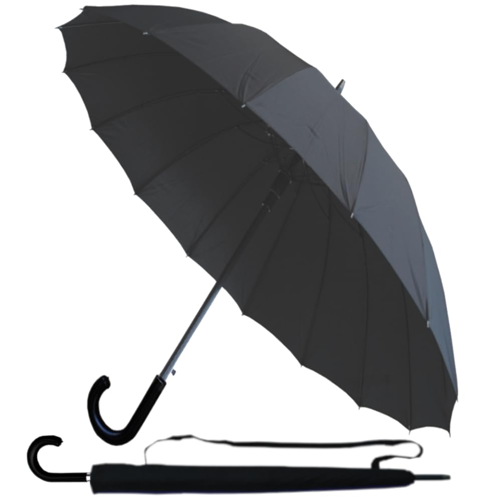 COLLAR AND CUFFS LONDON Windproof Strong Umbrella 60MPH - 16 Ribs For Super-Strength - Best Triple Layer Reinforced Frame with Fiberglass - Designer Rainproof Straight - Auto Open - Men Women Black