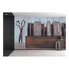 Wooden Box with Old Movies and Scissors - Removable Wall Mural | Self-Adhesive Large Wallpaper - 66x96 inches