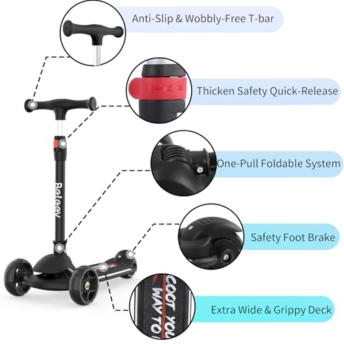 BELEEV A9 Kids Scooter with LED Light-Up Wheels & Deck, 3 Wheel Foldable Kick Scooter for Toddlers Boys Girls Ages 3-12, Adjustable Handlebar, Lean-to-Steer, Extra-Wide Wheels