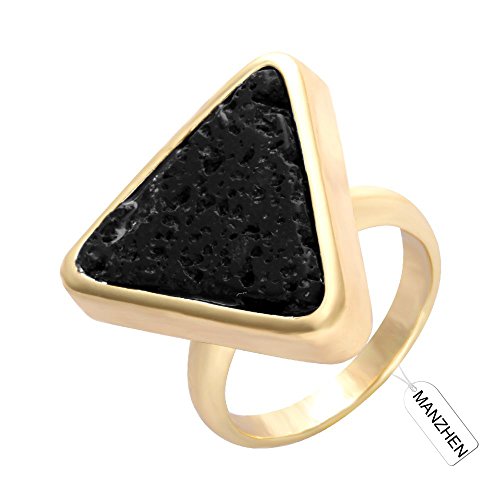 MANZHEN Classic Gold Plated Natural Black Onyx Gemstone Ring Geometric Triangle Rings for Women(8)