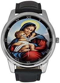 Novelty Gift Virgin Mary and Baby Jesus Men's Leather Strap Large Dial Watch