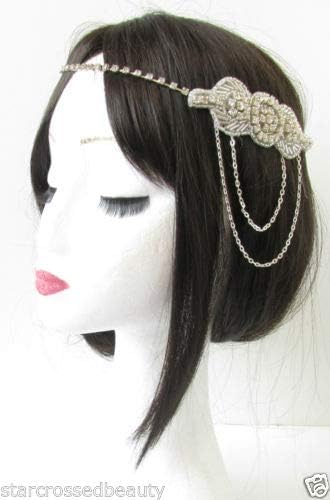 Silver Chain Headpiece Vintage 1920s Flapper Great Gatsby Headband Diamante R80