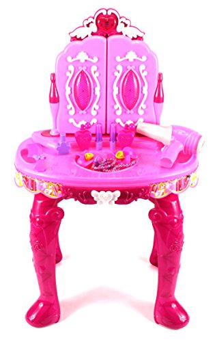 Magical Princess Jewelry Stand Pretend Play Battery Operated Toy Beauty Mirror Vanity Play Set w/ Flashing Lights, Sounds, Hair Dryer, Accessories