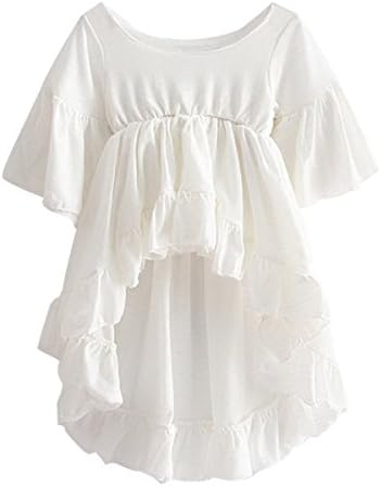 Girl's Casual O Neck Falbala Short Sleeve High Low Knit Cotton T Shirt Size 13(6T) White