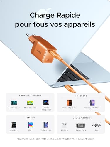 UGREEN Nexode Air 65W Chargeur USB C Rapide GaNInfinity avec Câble Compatible avec iPhone 17 Pro Max 16 Plus 15 14 13 12 Galaxy S26 S25 S24 Pixel 10 9 iPad MacBook Neo Air Pro M5 M4 M3 M2 M1 (Orange)