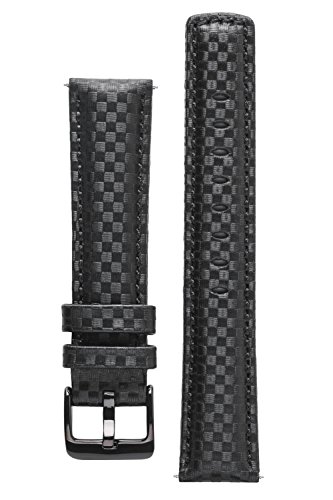 Signature Carbon watch band. Replacement watch strap. Genuine leather. Silver Buckle (18 mm -short, Black - Black Buckle)