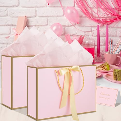 woric Pink Gift Bags with Handles, 14" Medium Gift Bags with Tissue Paper, 2 Pcs Pink Bags with 4 Tissue Paper and 2 Cards for Baby Shower Wedding Bridal Shower Graduation Birthday Party