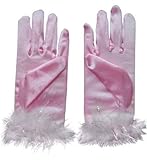 Kids Pink Princess Gloves with Feather Trim Comfy Soft Strecth Shimmer Fabric