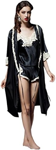 YIGELILA Women Sexy Real Silk Slit Lace Embroidery Pajama Suits of 2 Black X-Large 881