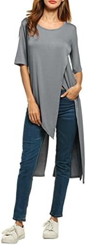 Peab Women's Short Sleeve Round Neck Asymmetrical Plain Tunic Top Tee-Shirt Gray M