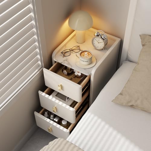 AQIMUELE Table de Chevet étroite, Table d’appoint avec 3 tiroirs, Commode de Chevet à Surface élégante en Cuir, Table de Nuit pour Chambre à Coucher et Salon (Blanc - Largeur 30 cm)