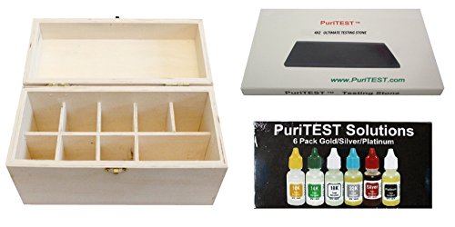 Jewelry Testing Kit 10k 14k 18k 22k Gold, Platinum, Silver, Wood Storage Box and 4x2 Testing Stone