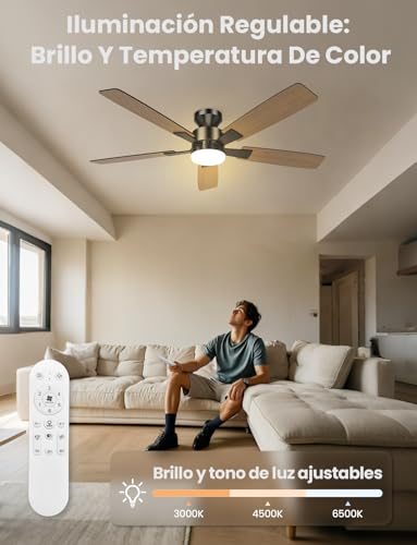 Airwit Ventilador de Techo 52 Pulgadas, Abanico de Techo de 5 Aspas con Luz y Control Remoto, Motor Silencioso Reversible, Montaje Empotrado, Negro