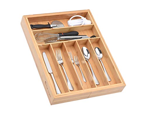 Baroget Premium Bamboo Kitchen Drawer Organizer(Expandable Tray) | Large, Extra Deep | 9 Compartments Store Silverware & Utensils, Cutlery Tray, Organic Bamboo