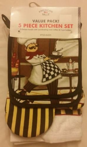 The Pecan Man ,Kitchen Tool Fat Chef Tea Set of 5 :2 Potholders,1 Ovenmitt,2 Kitchen Towel