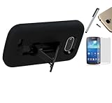 For Zte Awe N800 (Virgin Mobile) Dual Layer Symbiosis Armor Impact Hybrid Soft Silicone Cover Hard Snap On Plastic Case with Kick Stand + [WORLD ACC] TM Brand LCD Screen Protector + Silver Stylus Pen + Black Dust Cap Free Gift (Black / Black Armor Stand)