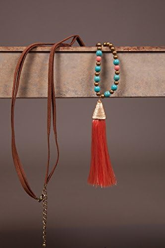 Tassel pendant necklace, Leather necklace, Brown necklace, Pendant necklace, Beaded necklace, Long necklace, Simple long necklace
