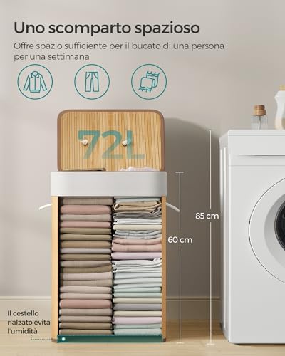 Cesta Portabiancheria con Coperchio, 72 L, Cesto Porta Biancheria in Bamb? Pieghevole, Sacco Rimovibile e Lavabile in Lavatrice, Maniglie, Lavanderia Camera, Naturale LCB10Y