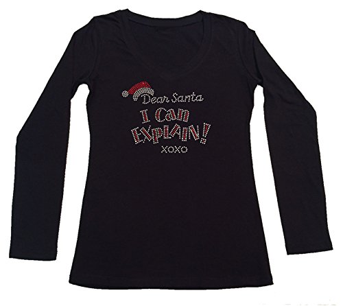 Women's T-Shirt with Dear Santa I Can Explain XOXO in Rhinestones (1X, Black Long Sleeve)