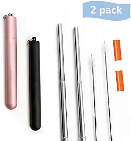 2 PCS Telescopic Reusable Travel Straws Portable Stainless Steel Drinking Straws with Cleaning Brush for Travel, Household, Outdoor (Black,Gold)