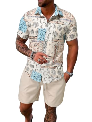 Photo 1 of COZYEASE Men's 2 Pieces Floral Letter Graphic Print Button Front Short Sleeve Shirt Top and Shorts Set Multicolor XXL