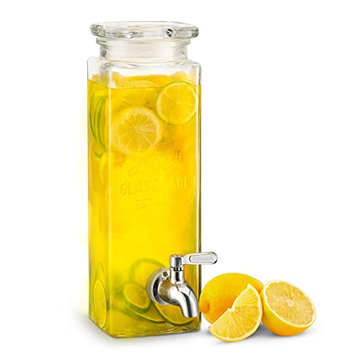 Kook Glass Drink Dispenser, with LeakProof Stainless Steel Spigot, Clear Rectangular Mason Jar