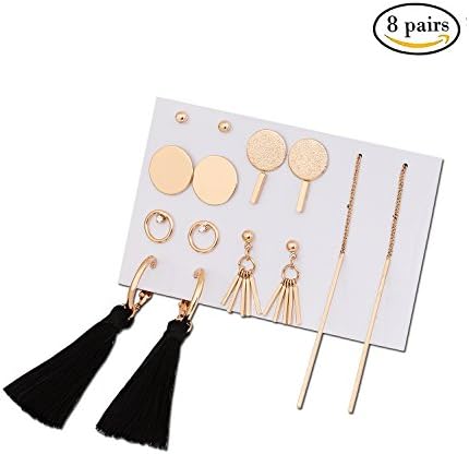 Assorted Multiple Stud Earrings Set Hoop Drop Dangle Earring Long Tassel Bar Pendant Synthesis Earring Set With Card For Woman Girls (8 Pair) (gold)