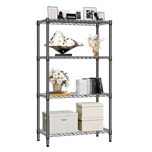 M MZG Metal Shelving Unit with 4 Levels, Load Capacity of 454 kg, Adjustable Shelves for Garage, Storage, Laundry and Kitchen, Study, Black, 35 x 90 x 151 cm