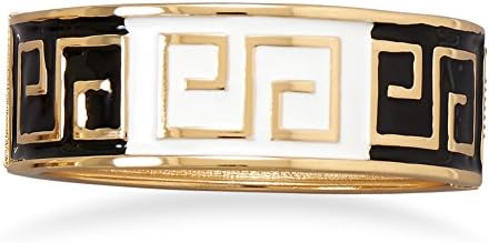 Greek Key Design Bangle Bracelet Black and White Enamel Gold-tone Hinged