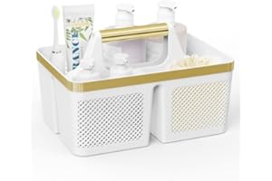 BYUNER Plastic Shower Caddy Portable: Bathroom Caddy Organizer with Handle and Holes, Bath Caddy for College Dorm, Shower Basket Tote for Toiletry, Makeup, Travel,RV, Camp Essentials White/Gold
