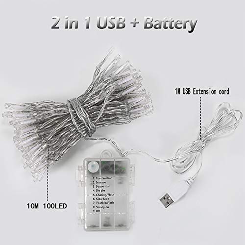 Guirnalda Luces Pilas, 12M 120LED USB Luces de Navidad Exterior Impermeable, 8 Modos Cadena de Luz con Control Remoto y Temporizador, para Exterior y Interior, Navidad, Jardín, Blanco Cálido