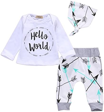 Newborn Baby Girls Boy Hello World Long Sleeve Tops Pants Hat 3pcs Outfits Set (70 (0-6M), White)