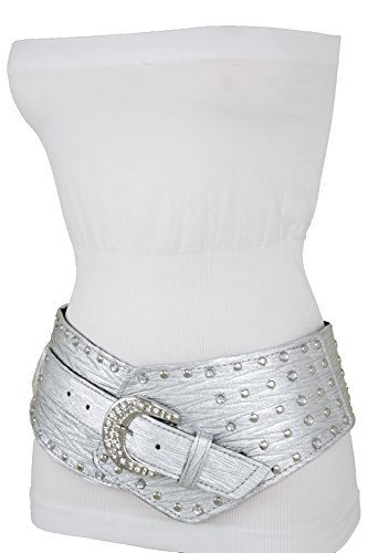 TFJ Women Wide Western Fashion Belt Hip Silver Metal Studded Buckle S M Silver