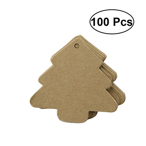 OULII 100pcs Christmas Tree Shape Label Kraft Paper Vintage Hang Blank Name Card Gift Tag Price Tags for Christmas Wedding Party Suppliers (Brown)